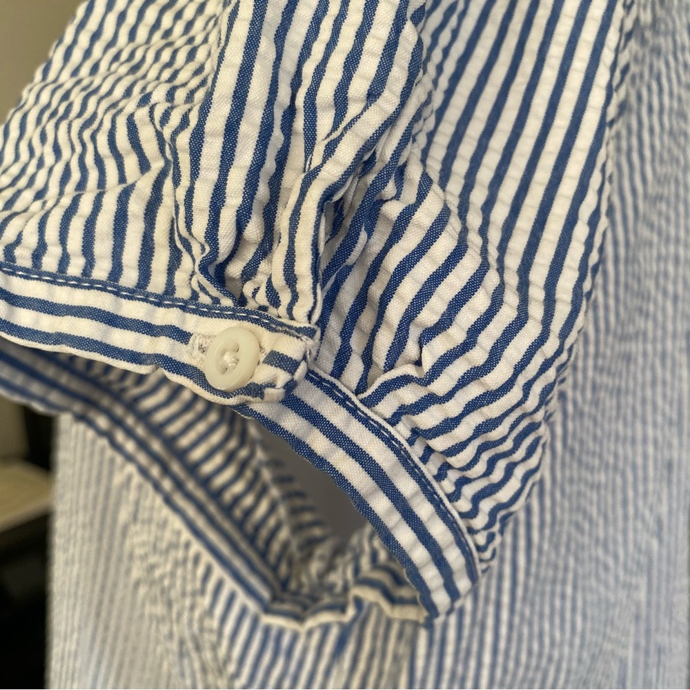 LL Bean Seersucker Shirt Medium Women Popover Striped Blue - Picture 3 of 11